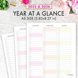 May include: A printable year-at-a-glance calendar planner in A5 size (5.83x8.27 inches). The calendar is divided into three columns for January, February, and March. Each column has a grid with numbered days and abbreviations for the days of the week. The calendar is designed for the years 2025 and 2026.
