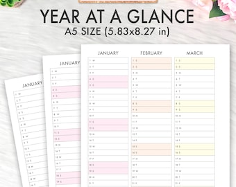 May include: A printable year-at-a-glance calendar planner in A5 size (5.83x8.27 inches). The calendar is divided into three columns for January, February, and March. Each column has a grid with numbered days and abbreviations for the days of the week. The calendar is designed for the years 2025 and 2026.