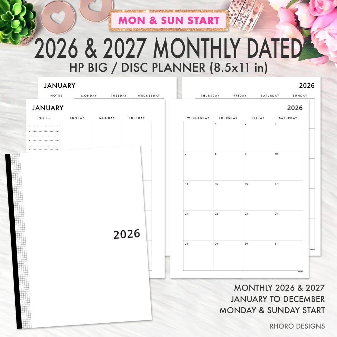 BIG HAPPY PLANNER 2026 2027 Printable Insert, Monthly Calendar 2026