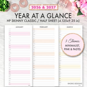 Puede incluir: Un planificador para 2026 y 2027, con un diseño minimalista y temas rosas y pastel. La HP Skinny Classic / Half Sheet mide 10,48 x 23,5 cm. Cada mes se muestra con un diseño de calendario.