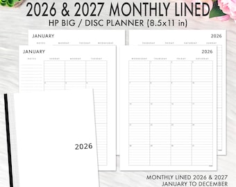 May include: A white planner with lined pages, featuring the text "2026 & 2027 Monthly Lined" and "HP Big / Disc Planner (8.5x11 in)". The planner includes monthly layouts with Monday and Sunday start dates. The cover displays the year 2026.