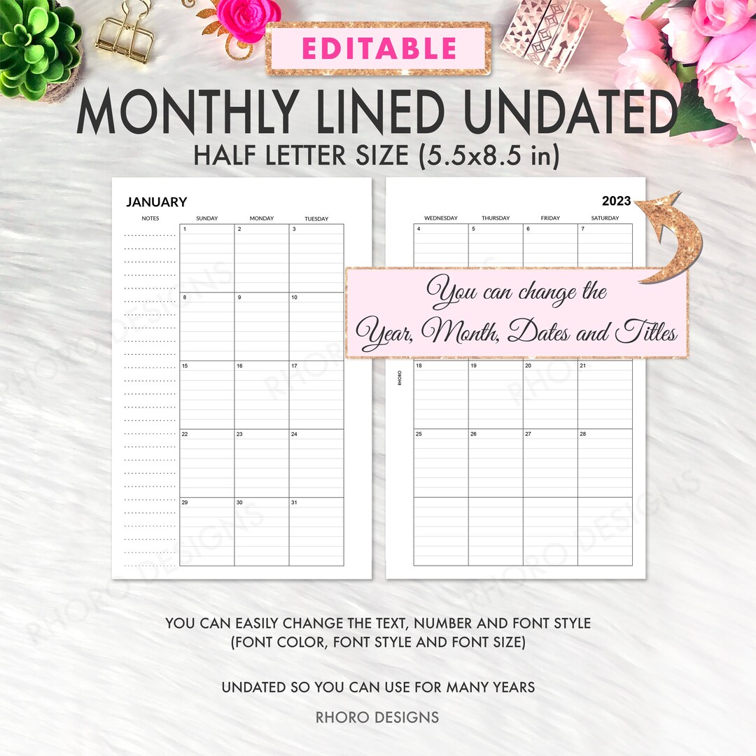 EDITABLE Half Page Calendar 2025, Half Page Planner Inserts, Monthly