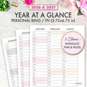 Może przedstawiać: Planer na lata 2026 i 2027 z układem rocznym. Projekt jest przeznaczony dla formatu osobistego lub TN (9.5x17.1 cm). Planer ma minimalistyczny, różowy i pastelowy motyw. Widoczne są miesiące styczeń, luty i marzec.
