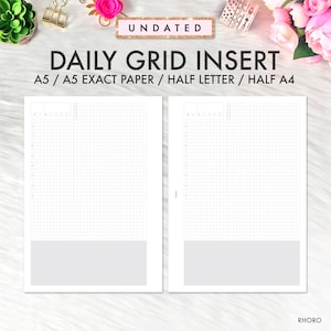 Inserções de planejador A5 / Inserções de planejador de meia letra para impressão Hobonichi Grid Daily Insert, Filofax A5, Kikki K Grandes inserções diárias para impressão