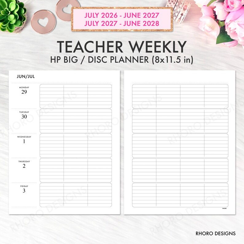 May include: A teacher weekly HP Big disc planner measuring 8x11.5 inches. The planner pages feature a black and white layout with columns for Monday through Friday, dated June and July. The header text reads JULY 2026 - JUNE 2027 and JULY 2027 - JUNE 2028.