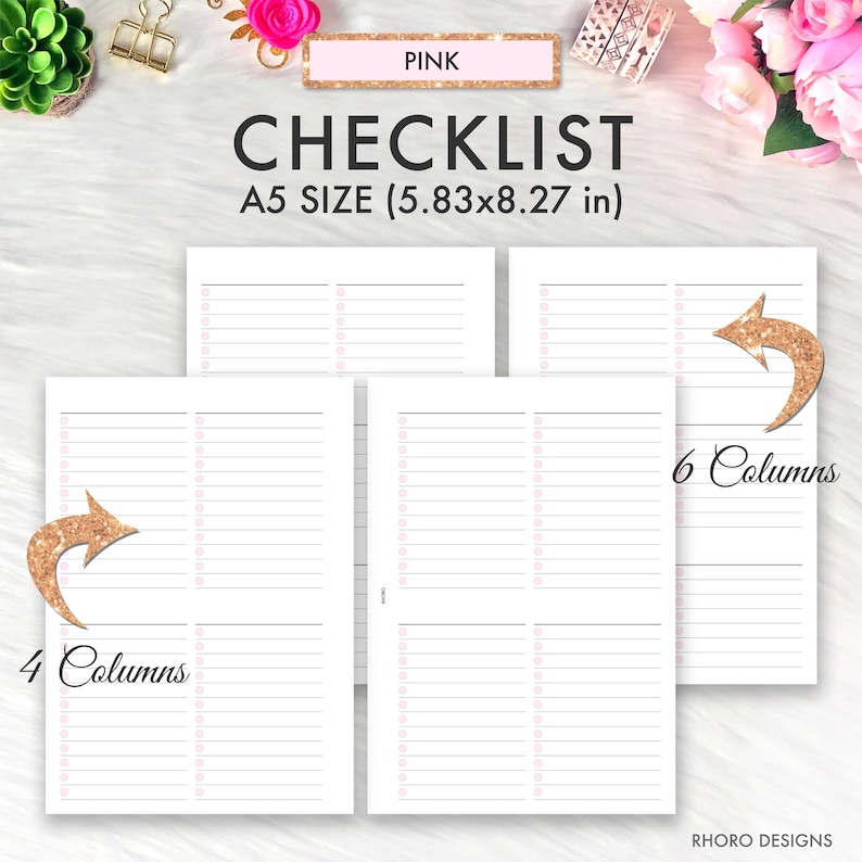 Pu&ograve; includere: Stampabile di checklist rosa in formato A5 (14,8 cm x 21 cm). La stampabile ha due pagine, una con quattro colonne e l'altra con sei colonne. Entrambe le pagine hanno linee per scrivere.