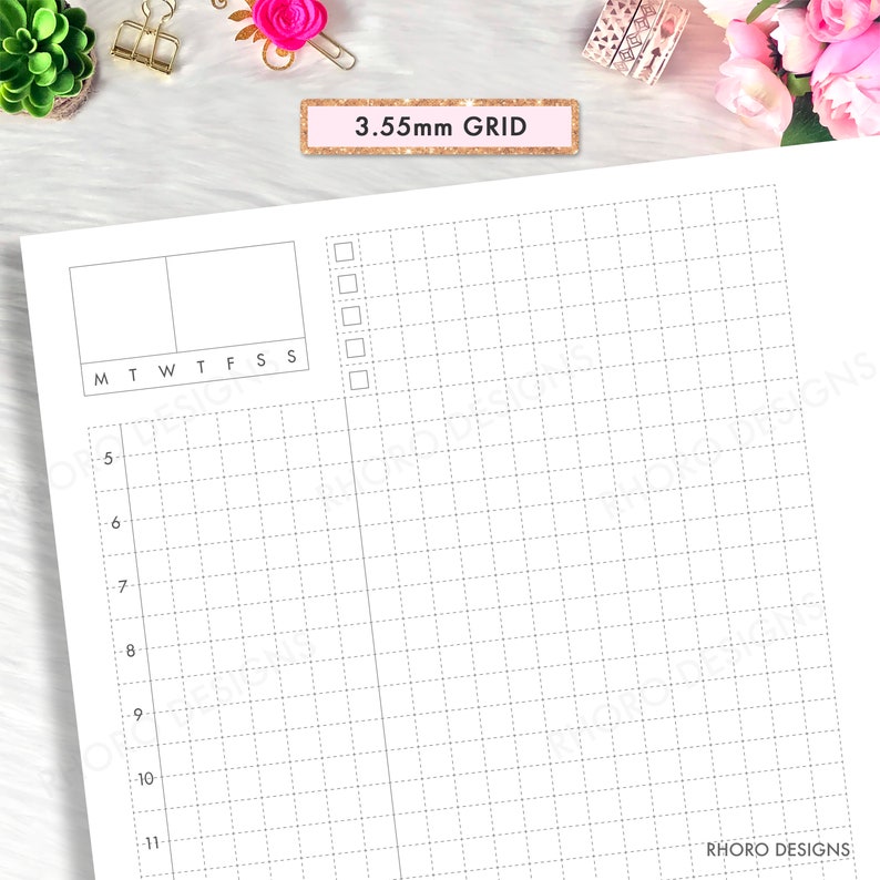 May include: A printable planner page with a 3.55 mm grid, a section for daily tasks, and a weekly calendar section. The page is designed for use with a planner or journal.