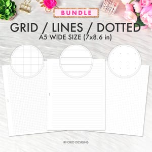 May include: A bundle of A5 wide size (7x8.6 in) paper with grid, lines, and dotted patterns. The text "BUNDLE" is at the top, with "GRID / LINES / DOTTED" and "A5 WIDE SIZE" below. The brand name "RHORO DESIGNS" is at the bottom.