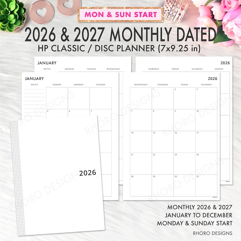 May include: A white monthly planner for 2026 and 2027, with a Monday and Sunday start. The planner is HP Classic/Disc size, measuring 7x9.25 inches. The January calendar pages are visible, along with the text "MON & SUN START".