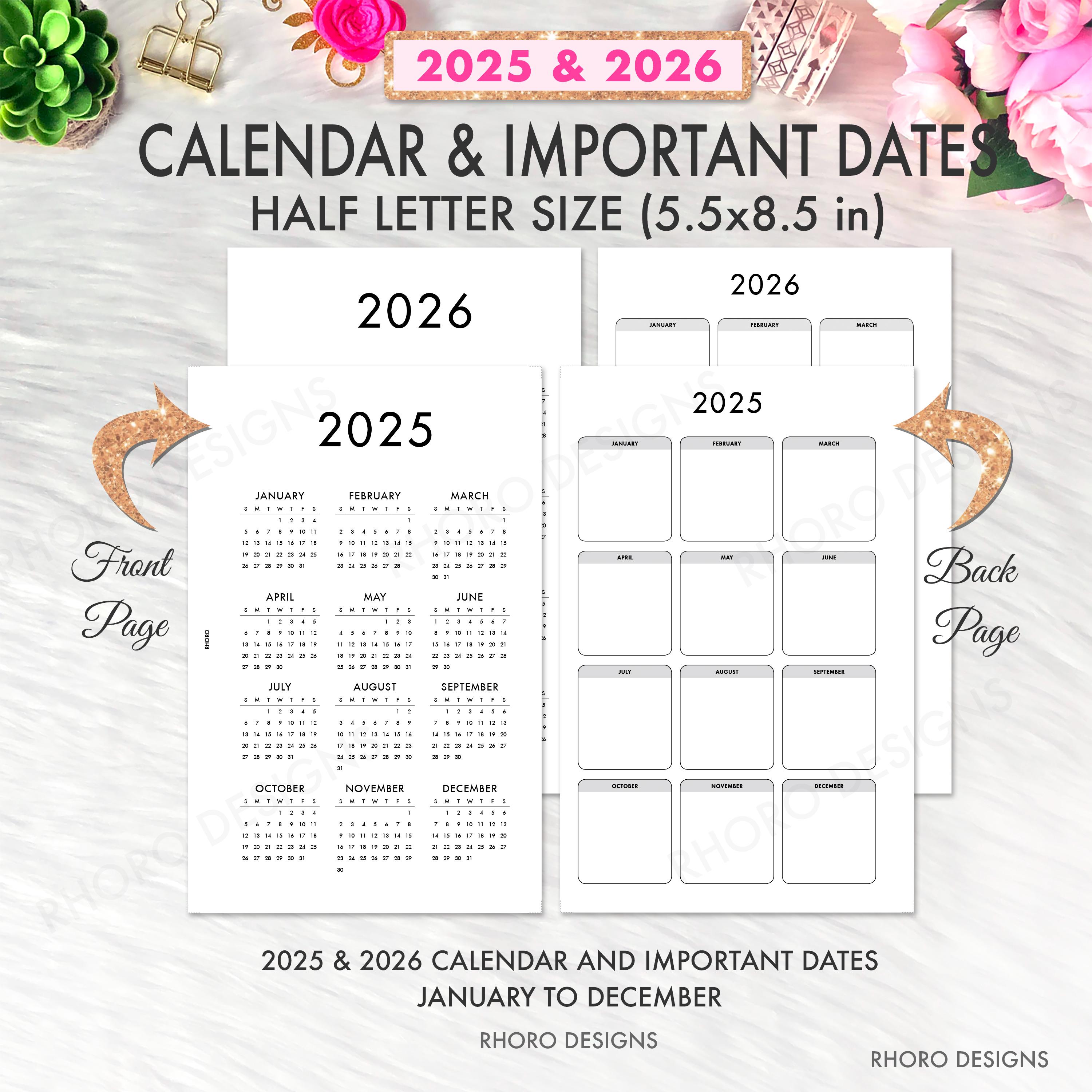 Half Letter Planner Inserts Printable Calendar 2025 2026, Year at A ...