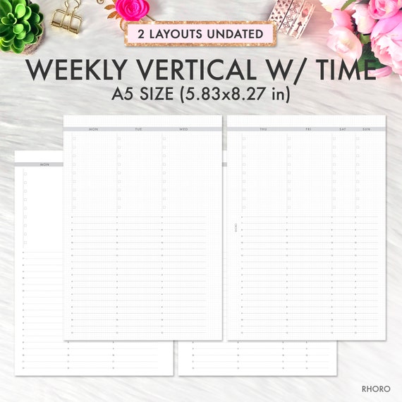 A5 Planner Inserts Printable, Weekly Vertical on 2 Pages Undated Grid Hourly Time, Filofax A5, Kikki K Large, A5 Printable Weekly Refill PDF