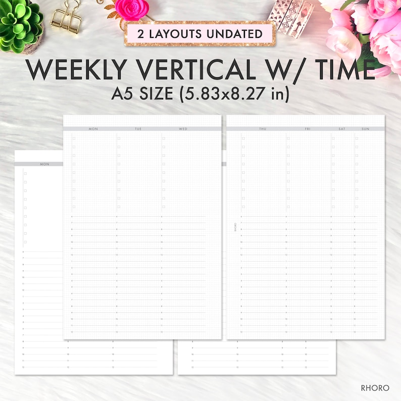 May include: A printable weekly planner template in A5 size (5.83x8.27 inches) with vertical time slots. The planner has two layouts, one with a notes section and one without. The planner is undated and can be used for any week of the year.