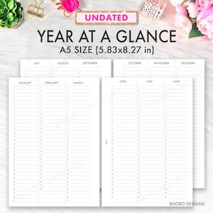 Op de afbeelding: Een ongedateerde jaarplanner in A5-formaat, met afmetingen van 14,8 x 21,0 cm. Het witte papier bevat zwarte tekst en lijnen, georganiseerd in twaalf maandelijkse kolommen met genummerde rijen voor elke dag van het jaar, van januari tot december.