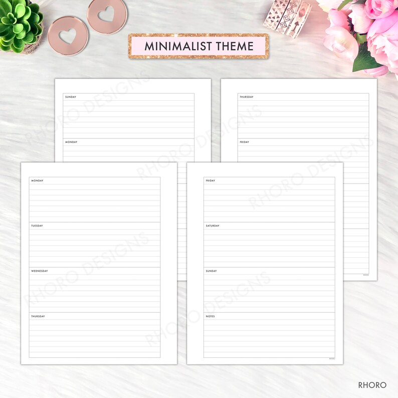 May include: A minimalist weekly planner with a simple design. The planner is divided into seven sections, one for each day of the week. Each section has a space for the day of the week and lines for writing tasks or appointments. The planner is printed on white paper and has a black and white color scheme.