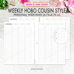 May include: Weekly planner inserts with a grid layout, designed for a personal wide ring binder. The pages are labeled with days of the week and include a detailed hourly schedule. The text "MON & SUN START" is visible.