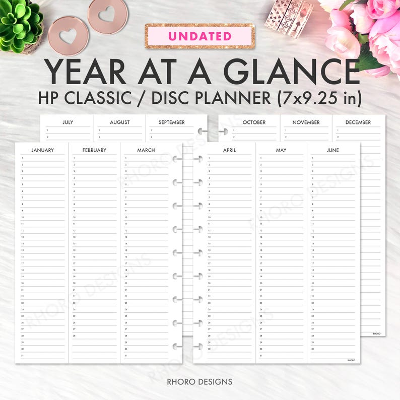 May include: Undated HP Classic/Disc Planner with a "Year at a Glance" layout. The planner measures 7x9.25 inches and features monthly sections from January to December. The design includes a white background with black text and a disc-bound binding.
