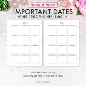 BIG HAPPY PLANNER Inserts Printable, Important Dates, Happy Planner Big Printables, Disc Bound Calendar Events 2026 2027 Refill Pdf 8.5x11