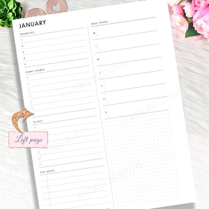 May include: A white planner page with the month "JANUARY" at the top. It features sections for priorities, home chores, to-buy lists, due dates, and meal plans. The page is designed with a clean, minimalist aesthetic, with black text and lines.