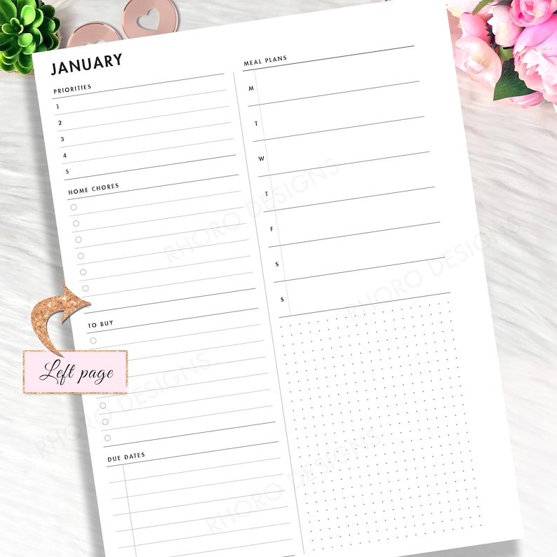 May include: A white planner page with the month "JANUARY" at the top. It features sections for priorities, home chores, to-buy lists, due dates, and meal plans. The page is designed with a clean, minimalist aesthetic, with black text and lines.