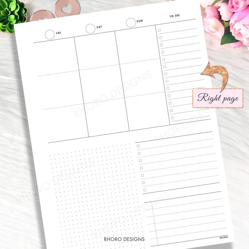 May include: A white planner page with a weekly layout, featuring sections for each day of the week, a to-do list, and a dotted section. The text "RHORO DESIGNS" is printed at the bottom. A small pink label reads "Right page".