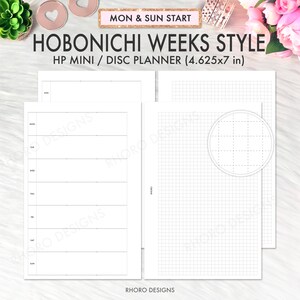 May include: Printable planner pages in black and white, designed for a Hobonichi Weeks style planner. The pages are for a HP Mini / Disc Planner, measuring 4.625 x 7 inches. The pages include a weekly spread and a gridded page with a circle.