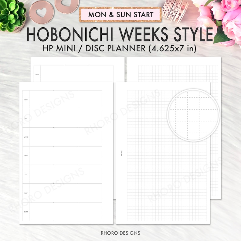 May include: Printable planner pages in black and white, designed for a Hobonichi Weeks style planner. The pages are for a HP Mini / Disc Planner, measuring 4.625 x 7 inches. The pages include a weekly spread and a gridded page with a circle.