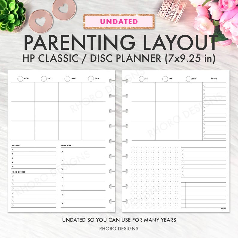 May include: A white, undated parenting layout planner with a disc binding. The planner includes sections for daily schedules, priorities, meal plans, and home chores. The planner measures 7x9.25 inches.