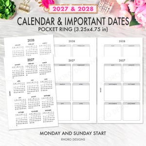 Pode incluir: Um conjunto de inserções de calendário e datas importantes para 2027 e 2028, medindo 8,26x12,07 cm. As folhas de papel branco apresentam texto preto com grelhas de calendário mensal e espaços em branco para notas, com início à segunda e domingo.