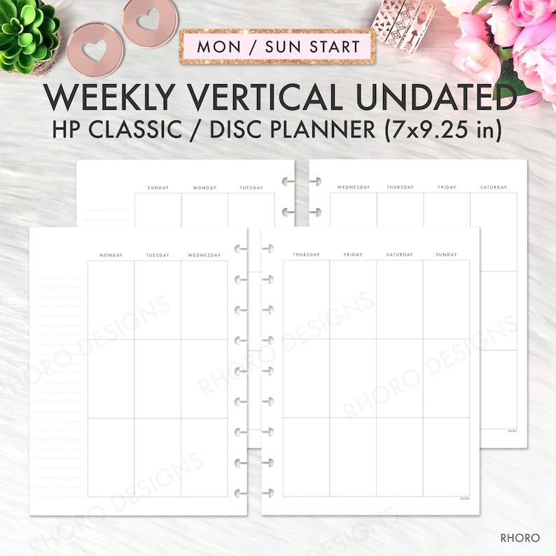 Op de afbeelding: Een wekelijkse verticale, niet-gedateerde planner voor HP Classic en Disc-planners. De planner is 17,78 cm bij 23,49 cm en heeft een witte achtergrond met zwarte lijnen. De dagen van de week staan bovenaan elke kolom. De planner is ontworpen voor gebruik met een disc-bindsysteem.