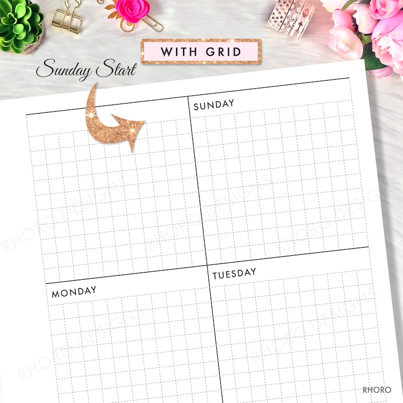 May include: A printable weekly planner with a grid layout. The planner starts on Sunday and includes spaces for Monday and Tuesday. The text "Sunday Start" is at the top of the planner.