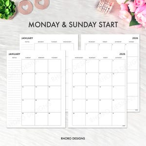 May include: White 2026 planner pages with a Monday and Sunday start. The pages are labeled "January" and include a calendar grid with dates and space for notes. The text "MONDAY & SUNDAY START" and "RHORO DESIGNS" are also visible.