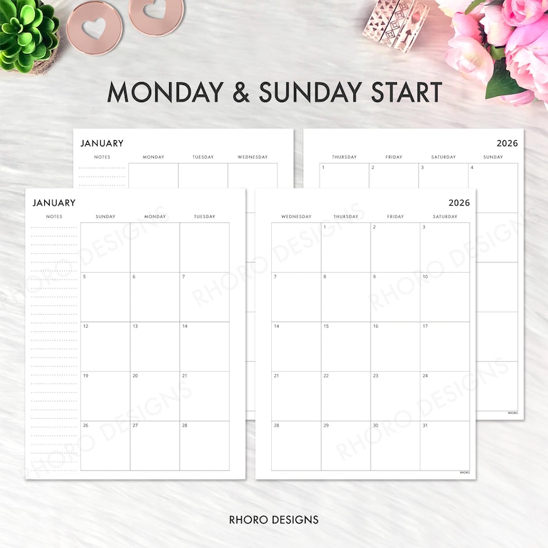 May include: White 2026 planner pages with a Monday and Sunday start. The pages are labeled "January" and include a calendar grid with dates and space for notes. The text "MONDAY & SUNDAY START" and "RHORO DESIGNS" are also visible.