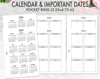 Calendario imprimible con anillas de bolsillo 2025 2026, insertos para agenda de bolsillo, agenda de bolsillo 2025, tamaño de bolsillo, recambio para Filofax Pocket 2025 en formato PDF