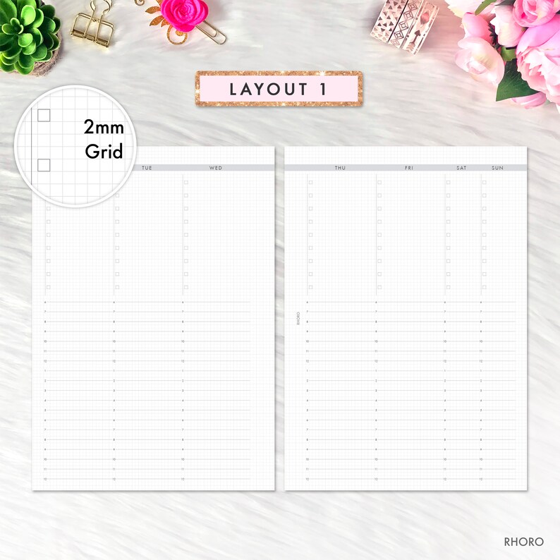 May include: A weekly planner with a 2mm grid layout. The planner is divided into seven days of the week: Tuesday, Wednesday, Thursday, Friday, Saturday, and Sunday. The planner is printed on white paper with a light gray border.