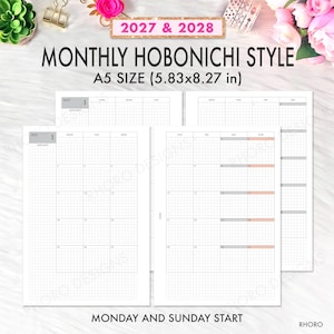 May include: A set of A5 size monthly calendar inserts for 2027 and 2028, measuring 5.83 by 8.27 inches. The white paper features a grid layout with black text, including headers for days of the week, month names, and dates. The design includes both Monday and Sunday start options for the monthly grids.