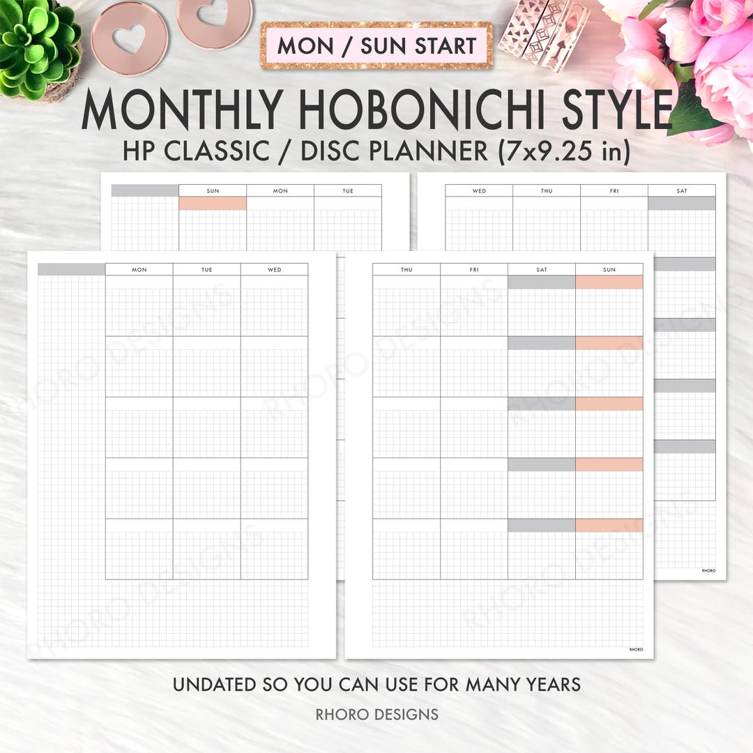 Happy Planner Classic Hobonichi Monthly Printable Inserts, Monthly Grid ...