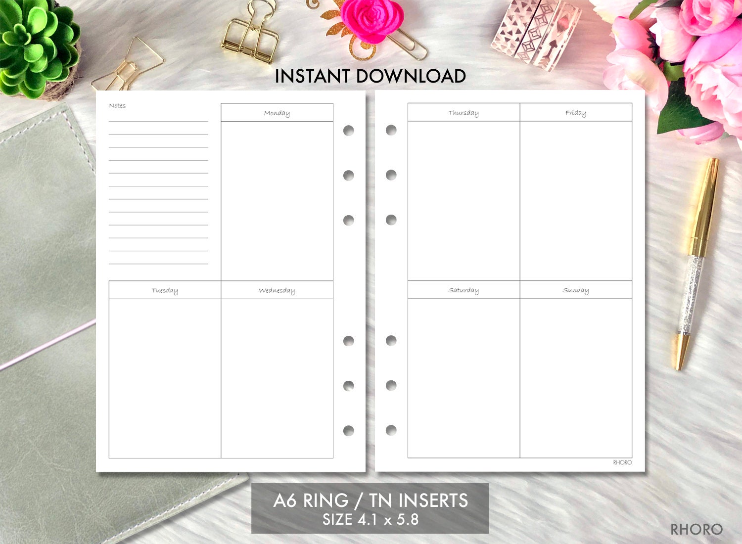 A6 Ring Inserts Printable Weekly Vertical Box, A6 Ring TN Planner