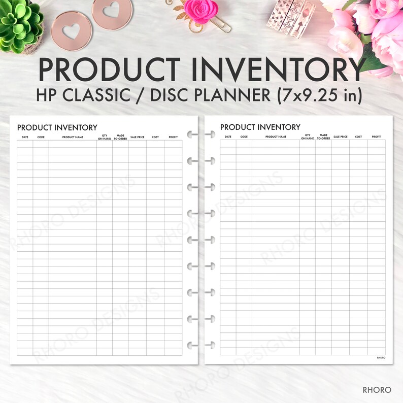 May include: A black and white printable product inventory planner for a disc planner. The planner is 7 inches by 9.25 inches and has columns for date, code, product name, quantity on hand, quantity to order, sale price, cost, and profit.