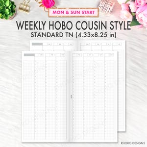 Puede incluir: Insertos de planificador semanal blancos con un diseño de cuadrícula, diseñados para Hobo Cousin Style, que miden 11 x 21 cm. El planificador incluye secciones para cada día de la semana, con espacios de tiempo. El texto "MON & SUN START" es visible.