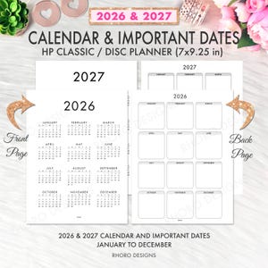 May include: White planner pages with the years 2026 and 2027. The front page shows a calendar layout with months and dates. The back page has a monthly overview. The text reads "CALENDAR & IMPORTANT DATES HP CLASSIC / DISC PLANNER (7x9.25 in)".