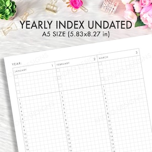 May include: Undated yearly index planner in A5 size (5.83x8.27 in). The white planner page features a grid layout with sections for each month, including January, February, and March. The text "YEARLY INDEX UNDATED" is at the top.