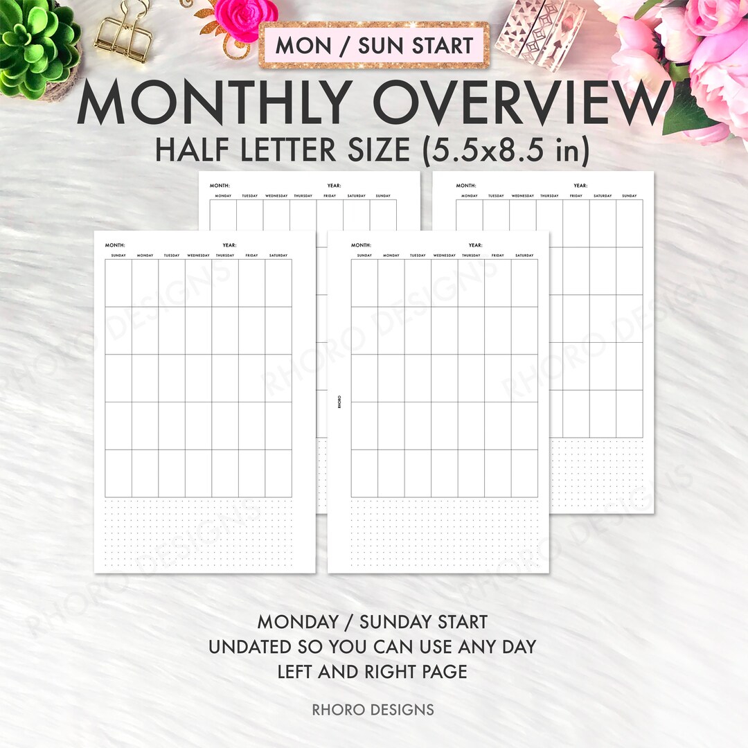 Half Page Monthly Overview, Half Page Planner Inserts, Monthly Undated ...