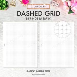 Könnte beinhalten: Zwei druckbare Seiten mit einem gestrichelten Rastermuster. Das Raster ist 3,55 mm groß und für einen B6-Ringordner konzipiert. Die Seiten sind mit "DASHED GRID" und "3.55MM DASHED GRID" beschriftet.
