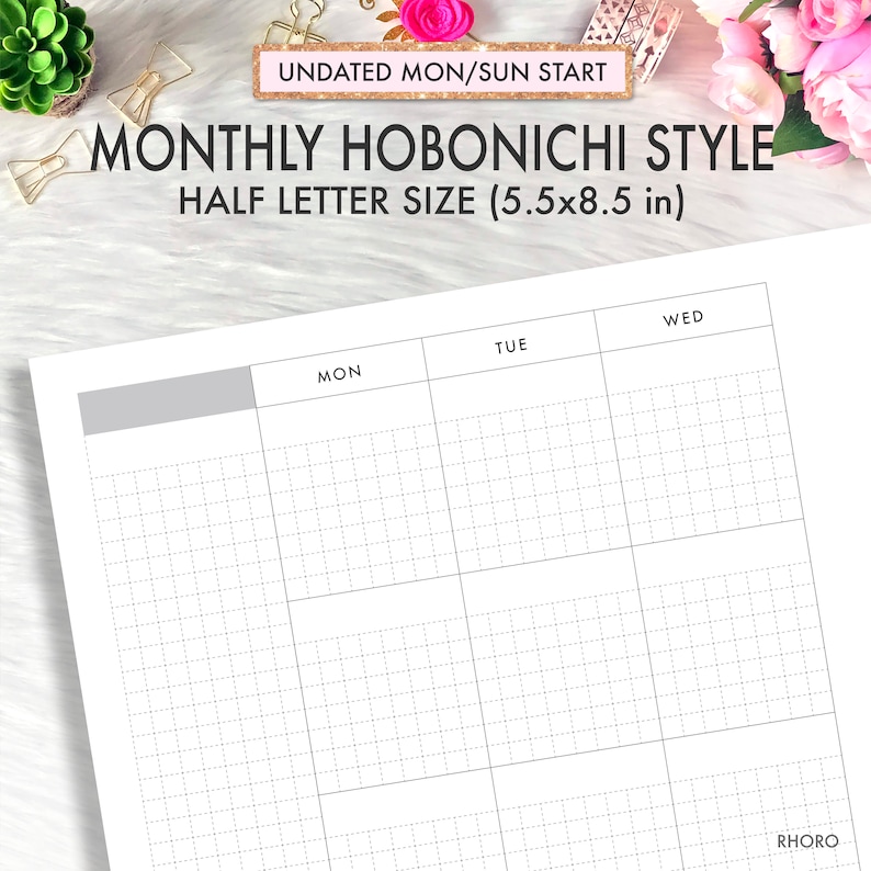 Half letter planner inserts printable hobonichi weeks grid etsy