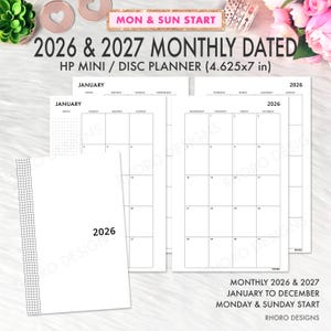 May include: A white HP Mini disc planner with monthly dated pages for 2026 and 2027. The planner includes a January calendar spread and the text "MON & SUN START". The planner measures 11.7 x 17.8 cm.