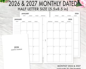 Half Page Calendar 2026 2027, Half Page Planner Inserts, Monthly Dated, Half Letter Printable Inserts Half Page Printable Inserts PDF Refill