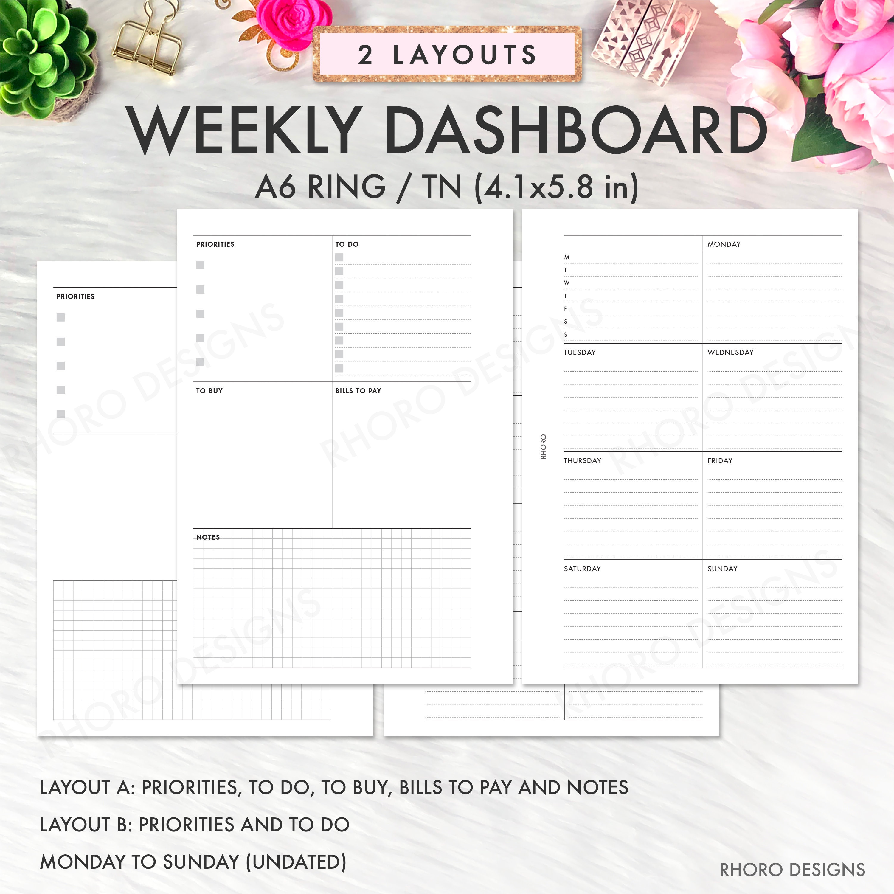 A5 A6 Planner Inserts Weekly Inserts Grid Weekly Summary Wellness