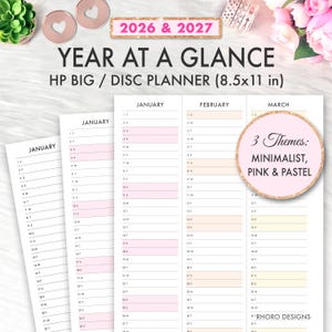 May include: A planner with a minimalist design, featuring a year-at-a-glance layout for 2026 and 2027. The HP Big/Disc planner measures 21.6 x 27.9 cm and includes pink and pastel themes. The design includes monthly calendars.