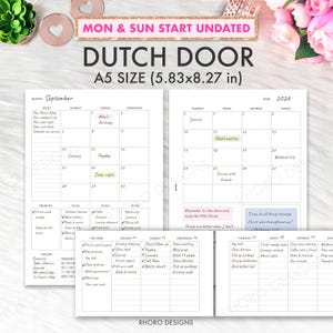 Puede incluir: Un inserto de planificador Dutch door tamaño A5 sin fecha con inicio en lunes y domingo. El diseño incluye una cuadrícula de calendario mensual para septiembre de 2026, notas, prioridades, listas de tareas, compras y pagos, y un rastreador.