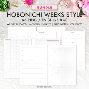 May include: A bundle of A6 ring and TN planner inserts measuring 10.4x14.7 cm. The white paper sheets feature black printed layouts including undated weekly and monthly calendars, grid notes, and contact pages with headers labelled BUNDLE.